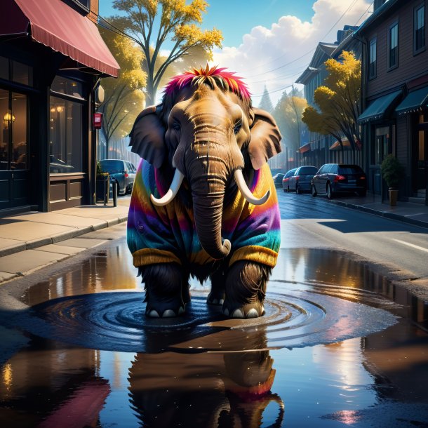 Drawing of a mammoth in a sweater in the puddle