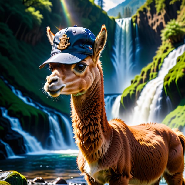 Image of a llama in a cap in the waterfall