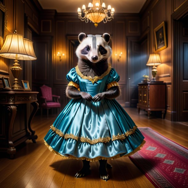 Image of a badger in a dress in the house