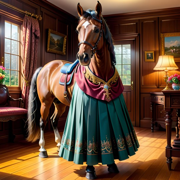 Illustration d'un cheval dans une jupe dans la maison