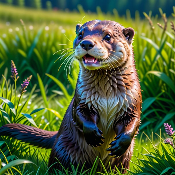 Pic d'un jeu de loutre dans la prairie