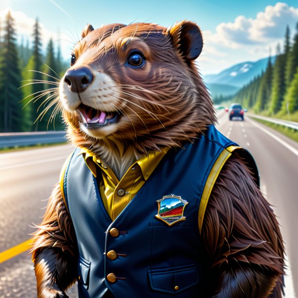 Drawing of a beaver in a vest on the highway