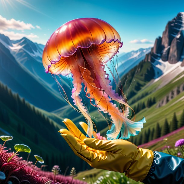 Image of a jellyfish in a gloves in the mountains