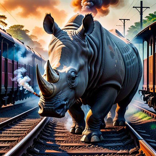 Photo of a smoking of a rhinoceros on the railway tracks