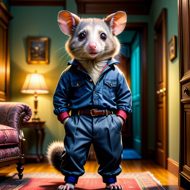 Pic d'un opossum dans un pantalon dans la maison