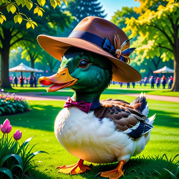 Picture of a duck in a hat in the park