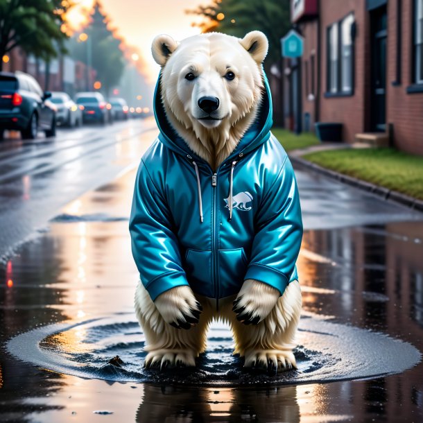 Image of a polar bear in a hoodie in the puddle