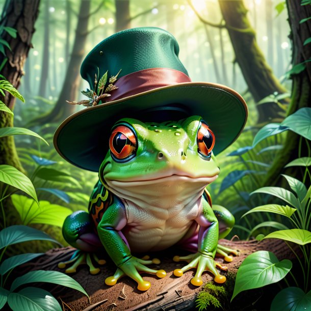 Illustration of a frog in a hat in the forest