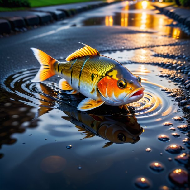 De um peixe em um casaco na poça