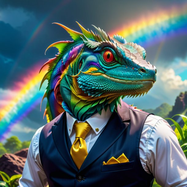 Image of a basilisk in a vest on the rainbow