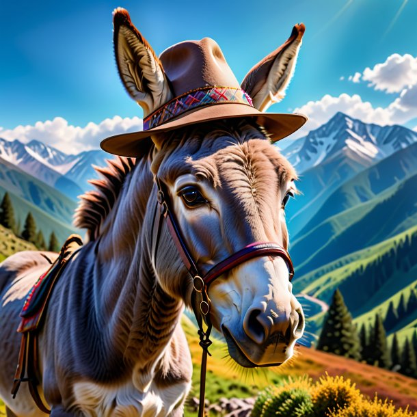 Photo of a donkey in a hat in the mountains