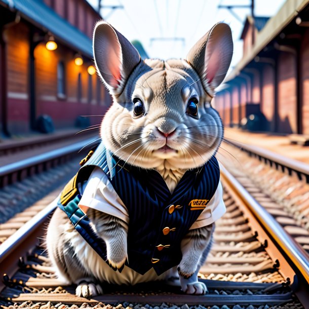 Imagem de uma chinchilas em um colete nos trilhos ferroviários