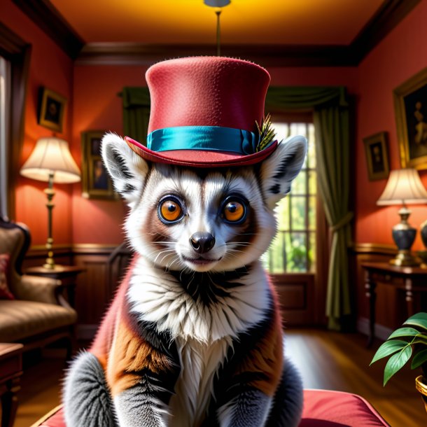 Illustration of a lemur in a hat in the house