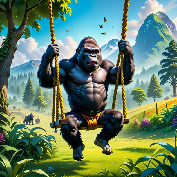 Picture of a swinging on a swing of a gorilla in the meadow