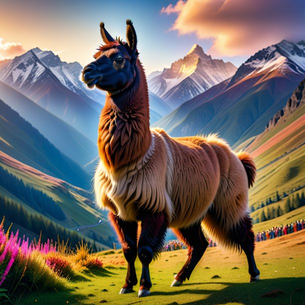 Photo of a dancing of a llama in the mountains