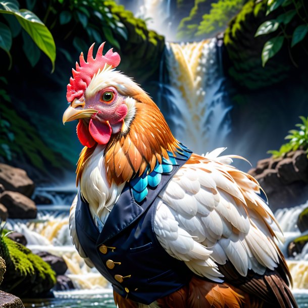 Photo d'une poule dans un gilet dans la cascade