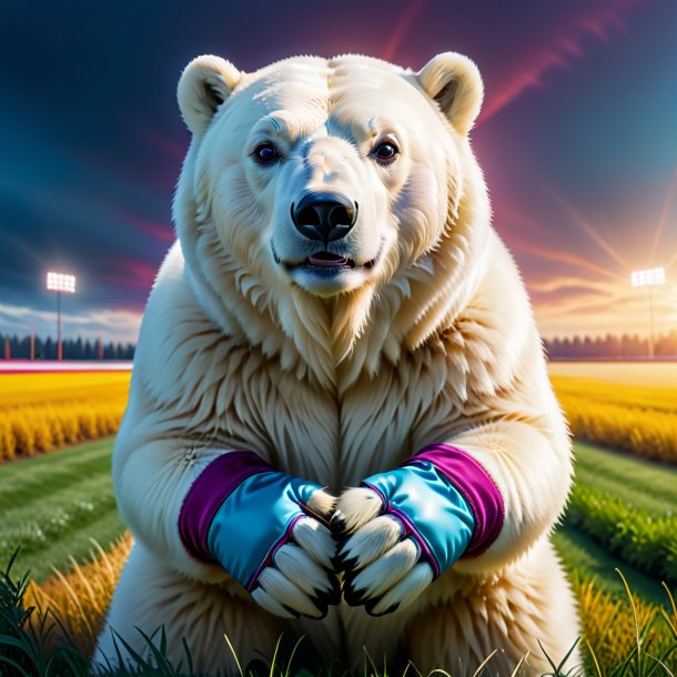 Photo of a polar bear in a gloves on the field