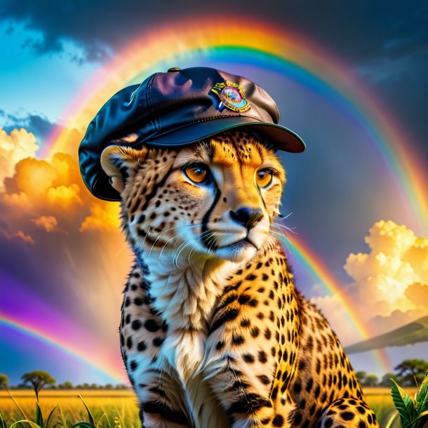 Pic of a cheetah in a cap on the rainbow