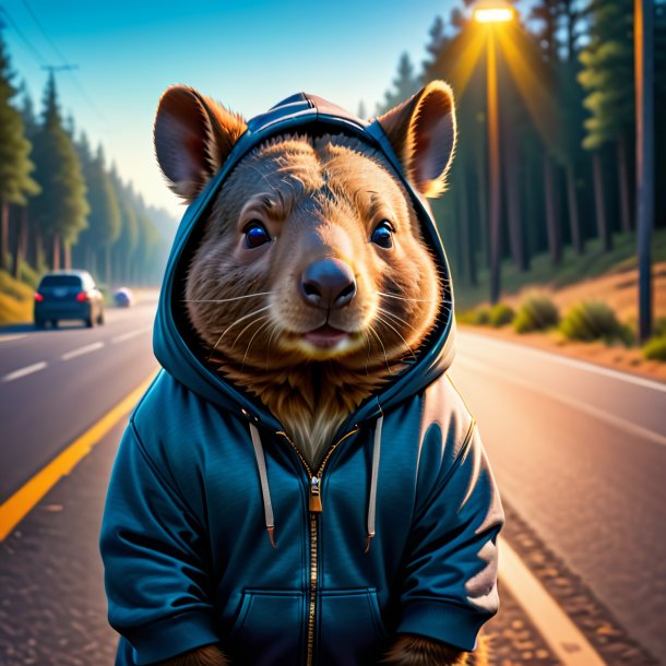 Foto de un wombat en una sudadera con capucha en el camino