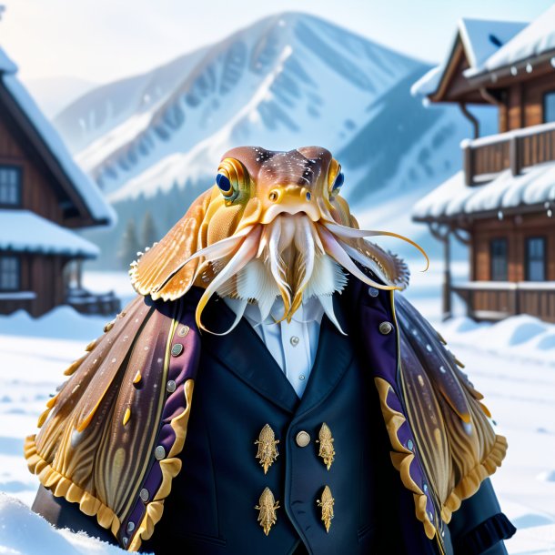 Drawing of a cuttlefish in a vest in the snow