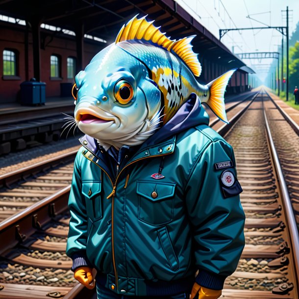 Drawing of a fish in a jacket on the railway tracks