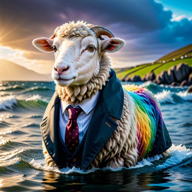 Pic of a sheep in a coat in the water