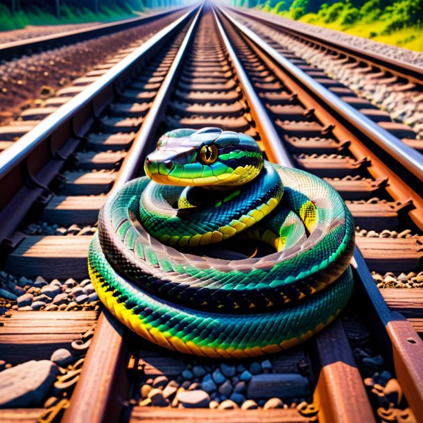 Foto de uma cobra em um cinto nos trilhos ferroviários