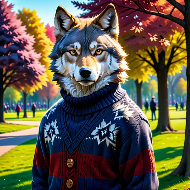 Image of a wolf in a sweater in the park