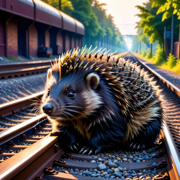 Picture of a resting of a porcupine on the railway tracks