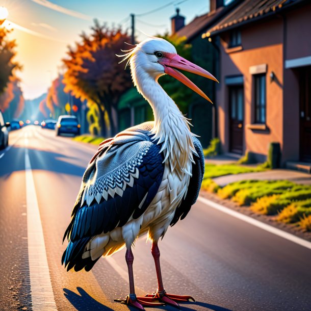 Image of a stork in a sweater on the road