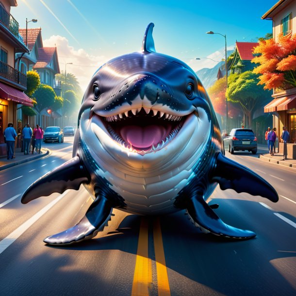 Picture of a smiling of a whale on the road