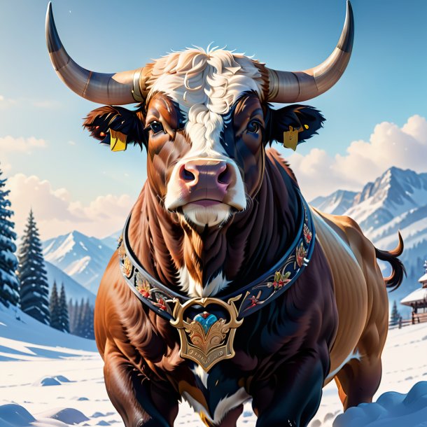 Illustration of a bull in a belt in the snow