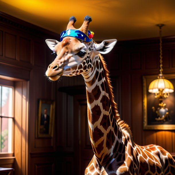 Pic of a giraffe in a cap in the house