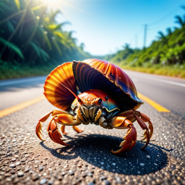 Image of a dancing of a hermit crab on the road