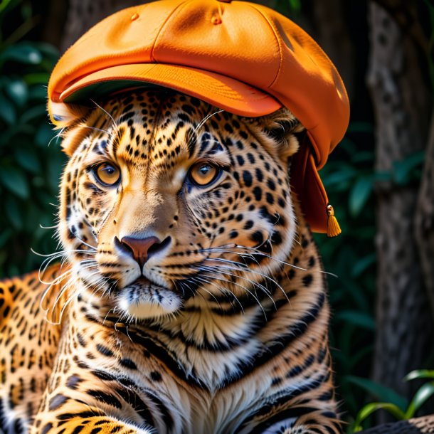 Photo of a leopard in a orange cap