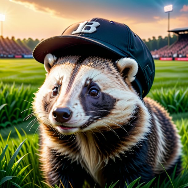 Pic d'un blaireau dans une casquette sur le terrain