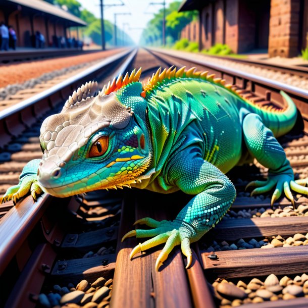 Foto de un sueño de un lagarto en las vías del tren