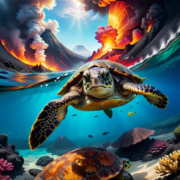 Picture of a swimming of a turtle in the volcano