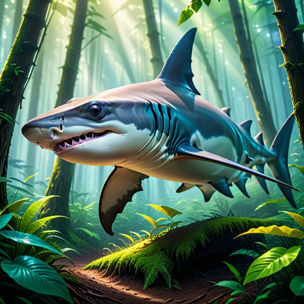 Pic of a hammerhead shark in a cap in the forest