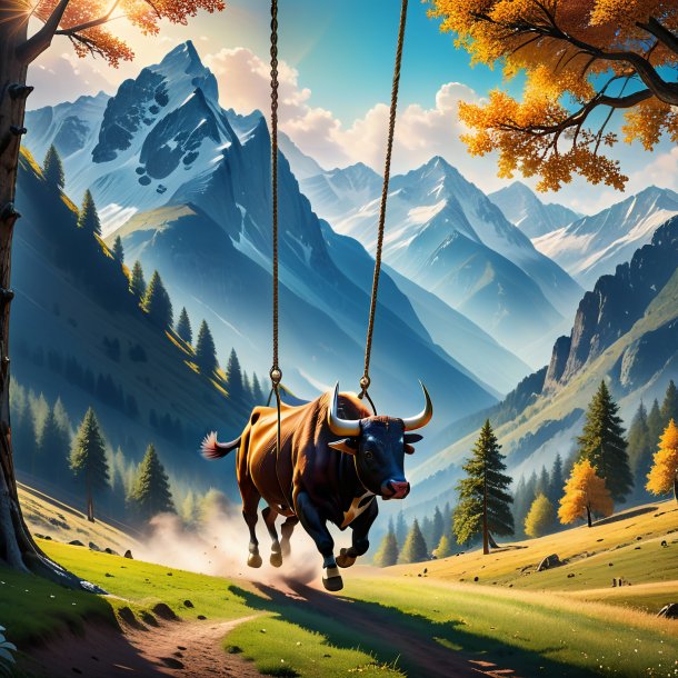 Image of a swinging on a swing of a bull in the mountains