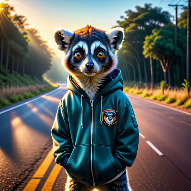 Imagem de um lémur em um hoodie na estrada