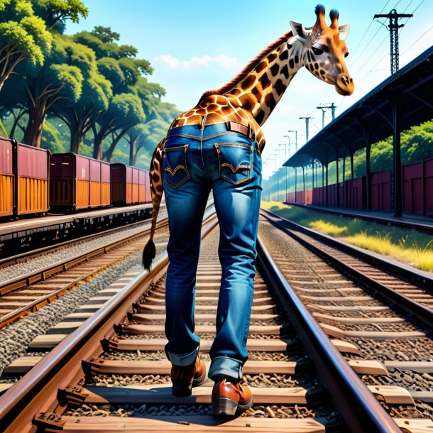 Drawing of a giraffe in a jeans on the railway tracks