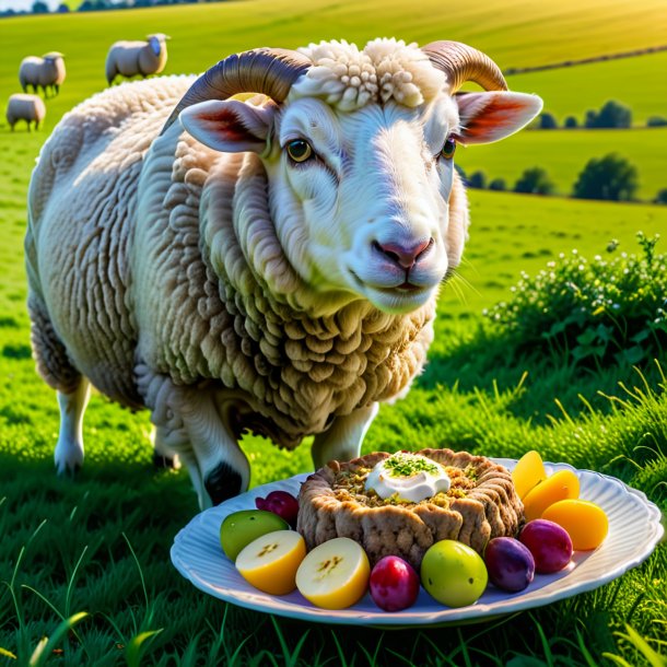 Foto de una comida de una oveja en el campo