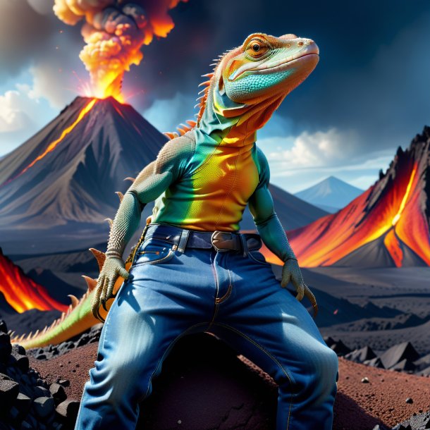 Picture of a lizard in a jeans in the volcano