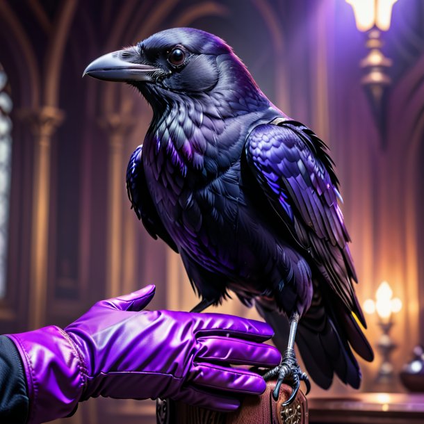 Photo of a crow in a purple gloves