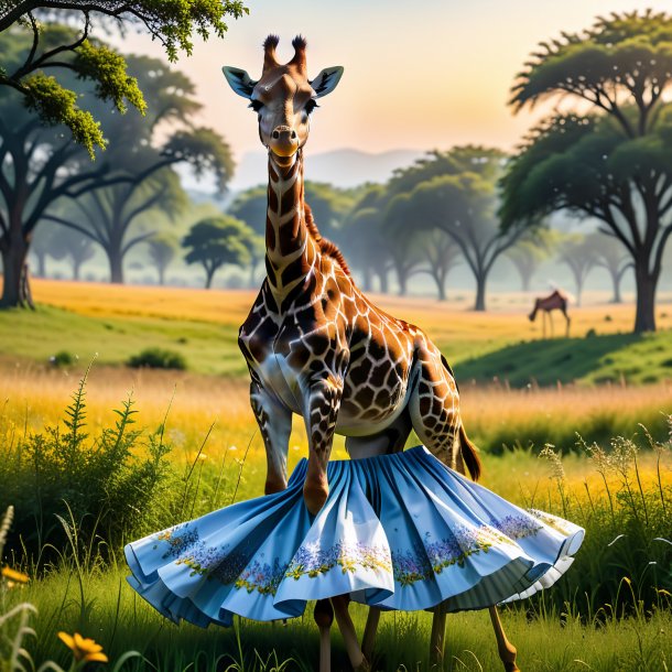 Photo of a giraffe in a skirt in the meadow