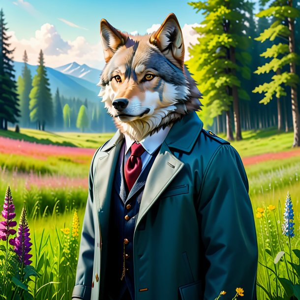 Picture of a wolf in a coat in the meadow