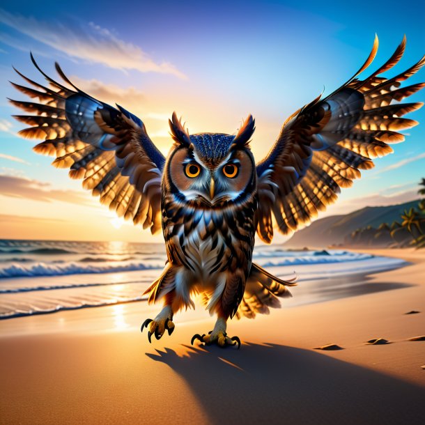 Image of a dancing of a owl on the beach