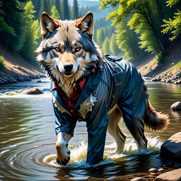 Image of a wolf in a trousers in the river