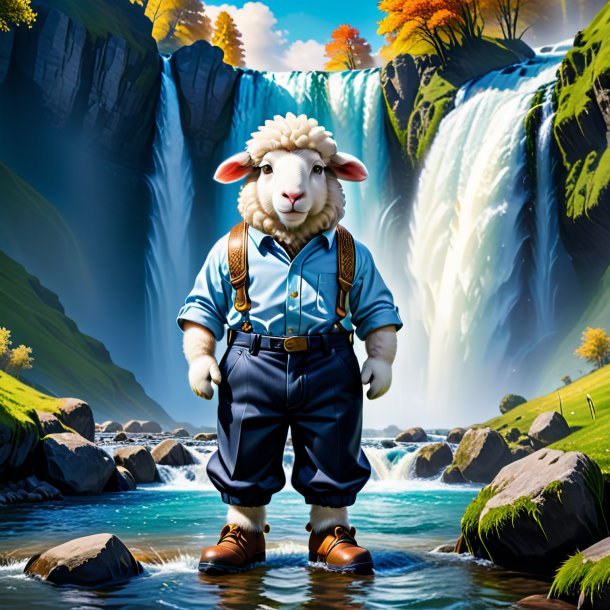 Picture of a sheep in a trousers in the waterfall